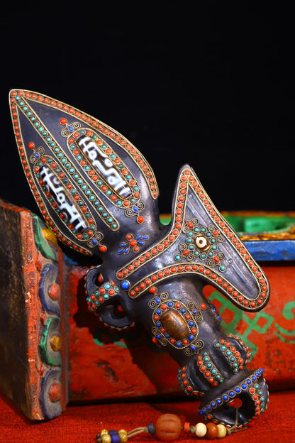 12"Tibetan Temple Collection Old Natural Meteorite Mosaic Gem gZi Beads Axe shape Dorje Vajra Phurpa Dharma Amulet Town House
