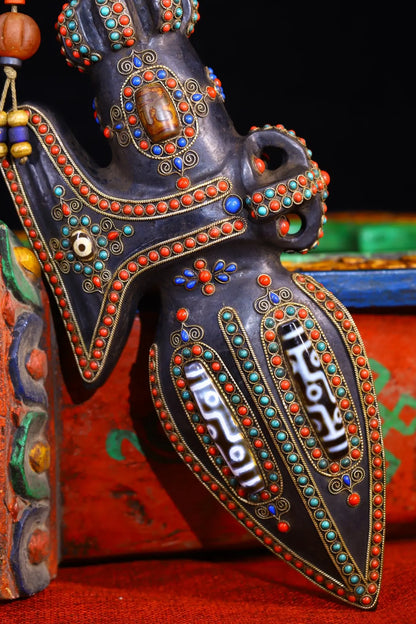 12"Tibetan Temple Collection Old Natural Meteorite Mosaic Gem gZi Beads Axe shape Dorje Vajra Phurpa Dharma Amulet Town House
