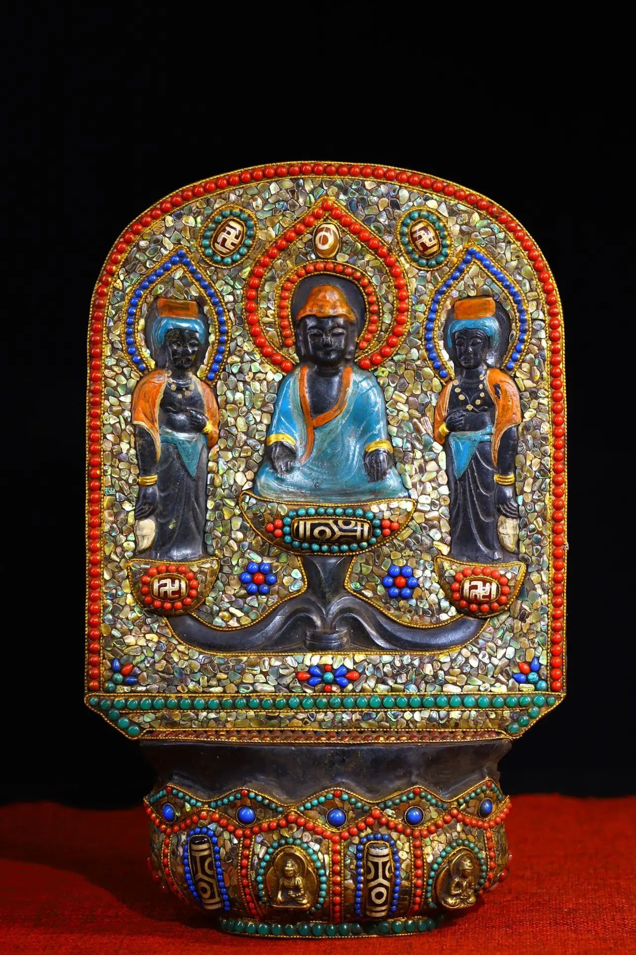 12"Tibetan Temple Collection Old Natural Meteorite Mosaic Gem gZi Beads Shakyamuni Buddhist Niche Amulet Worship Hall Town house