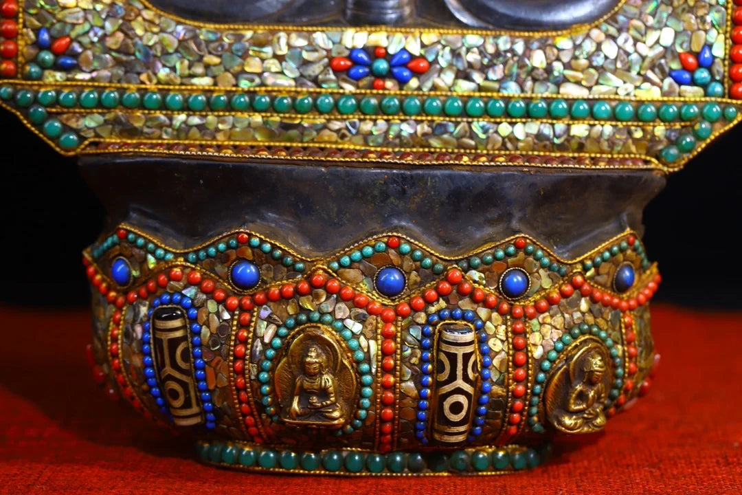 12"Tibetan Temple Collection Old Natural Meteorite Mosaic Gem gZi Beads Shakyamuni Buddhist Niche Amulet Worship Hall Town house