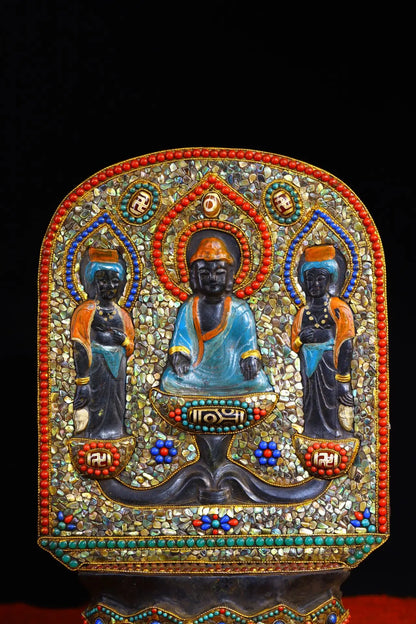 12"Tibetan Temple Collection Old Natural Meteorite Mosaic Gem gZi Beads Shakyamuni Buddhist Niche Amulet Worship Hall Town house