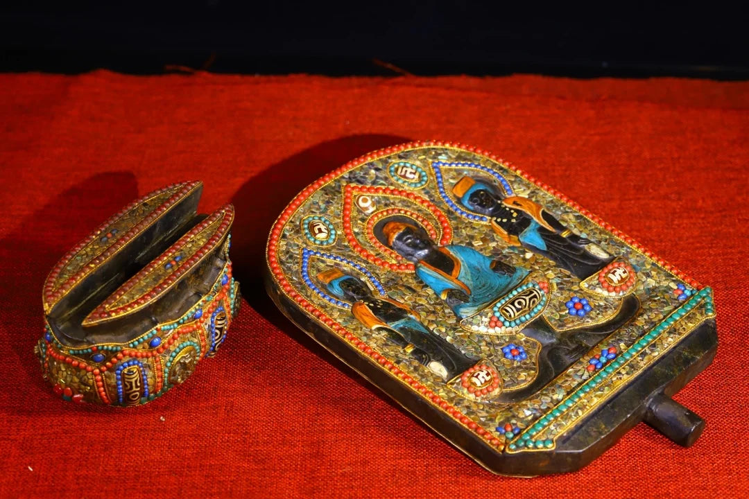 12"Tibetan Temple Collection Old Natural Meteorite Mosaic Gem gZi Beads Shakyamuni Buddhist Niche Amulet Worship Hall Town house