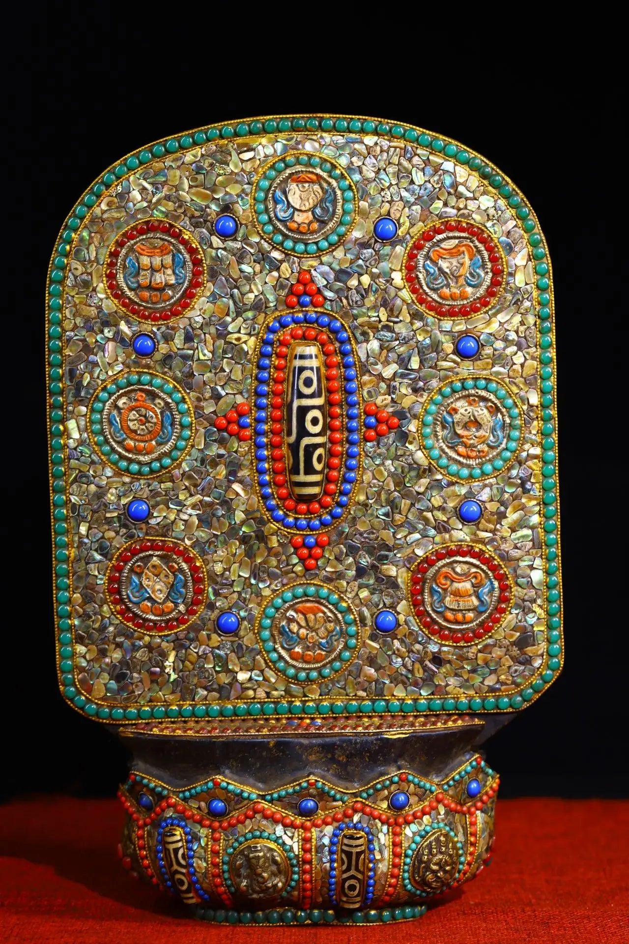 12"Tibetan Temple Collection Old Natural Meteorite Mosaic Gem gZi Beads Shakyamuni Buddhist Niche Amulet Worship Hall Town house