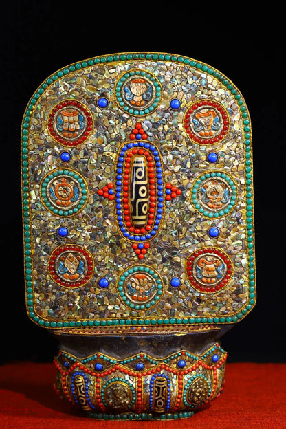 12"Tibetan Temple Collection Old Natural Meteorite Mosaic Gem gZi Beads Shakyamuni Buddhist Niche Amulet Worship Hall Town house