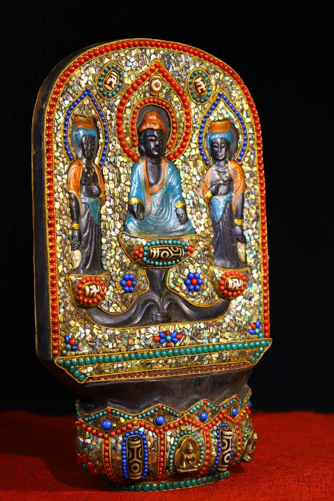 12"Tibetan Temple Collection Old Natural Meteorite Mosaic Gem gZi Beads Shakyamuni Buddhist Niche Amulet Worship Hall Town house