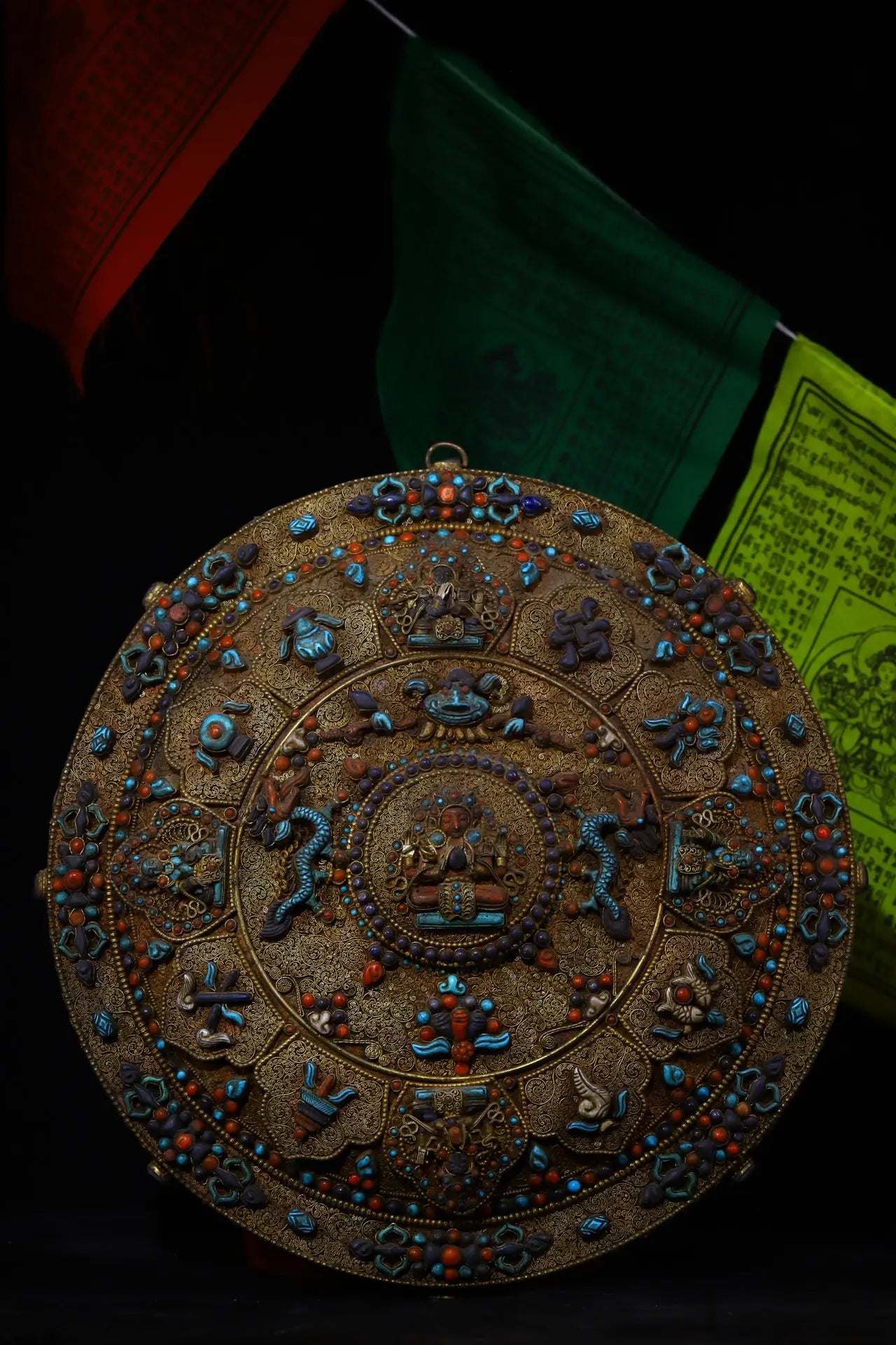 12"Tibetan Temple Collection Old Tibetan Silver Gem Turquoise Dragon Six-armed Tara Thangka hanging screen Town house