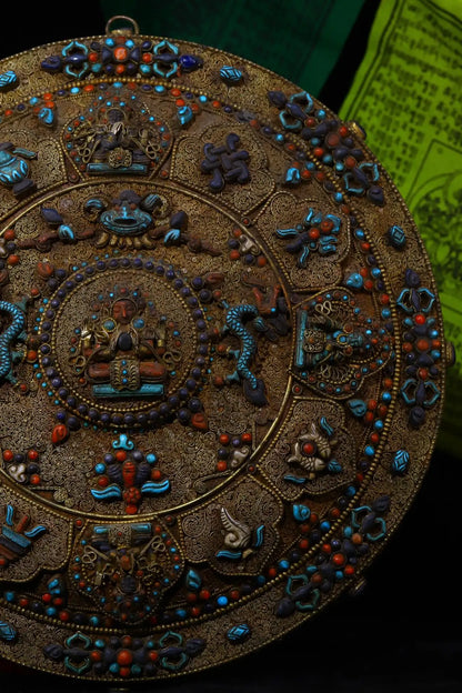 12"Tibetan Temple Collection Old Tibetan Silver Gem Turquoise Dragon Six-armed Tara Thangka hanging screen Town house
