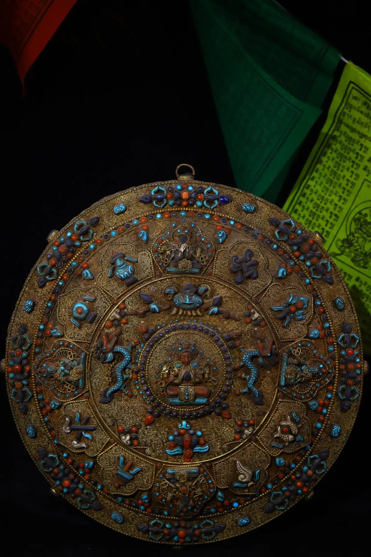 12"Tibetan Temple Collection Old Tibetan Silver Gem Turquoise Dragon Six-armed Tara Thangka hanging screen Town house