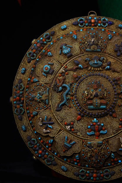 12"Tibetan Temple Collection Old Tibetan Silver Gem Turquoise Dragon Six-armed Tara Thangka hanging screen Town house