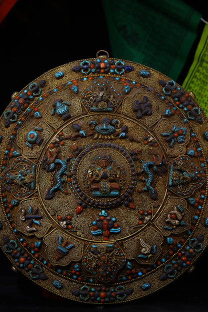 12"Tibetan Temple Collection Old Tibetan Silver Gem Turquoise Dragon Six-armed Tara Thangka hanging screen Town house
