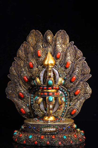 12"Tibetan Temple Collection Old Tibetan silver Cinnabar Mosaic Gem gZi Beads Shell Crystal Vajra Buddhist Niche Town house