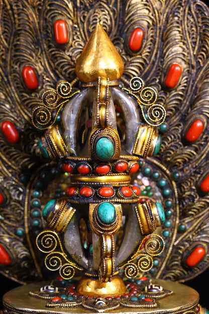 12"Tibetan Temple Collection Old Tibetan silver Cinnabar Mosaic Gem gZi Beads Shell Crystal Vajra Buddhist Niche Town house
