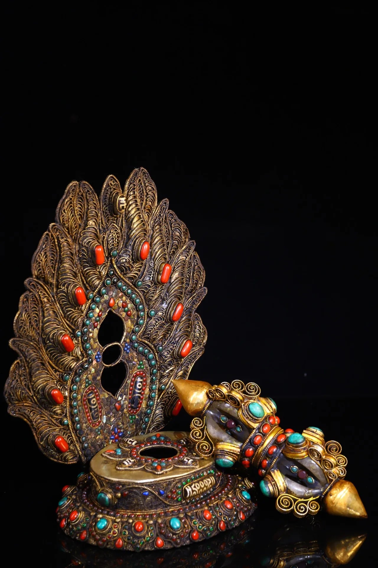 12"Tibetan Temple Collection Old Tibetan silver Cinnabar Mosaic Gem gZi Beads Shell Crystal Vajra Buddhist Niche Town house