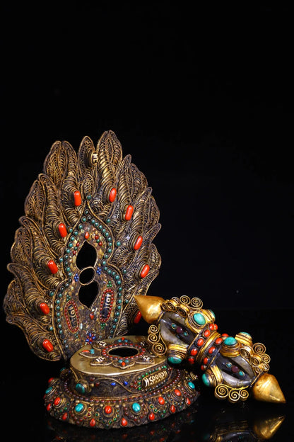 12"Tibetan Temple Collection Old Tibetan silver Cinnabar Mosaic Gem gZi Beads Shell Crystal Vajra Buddhist Niche Town house