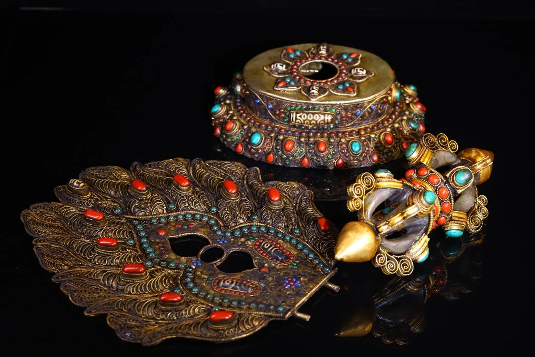 12"Tibetan Temple Collection Old Tibetan silver Cinnabar Mosaic Gem gZi Beads Shell Crystal Vajra Buddhist Niche Town house