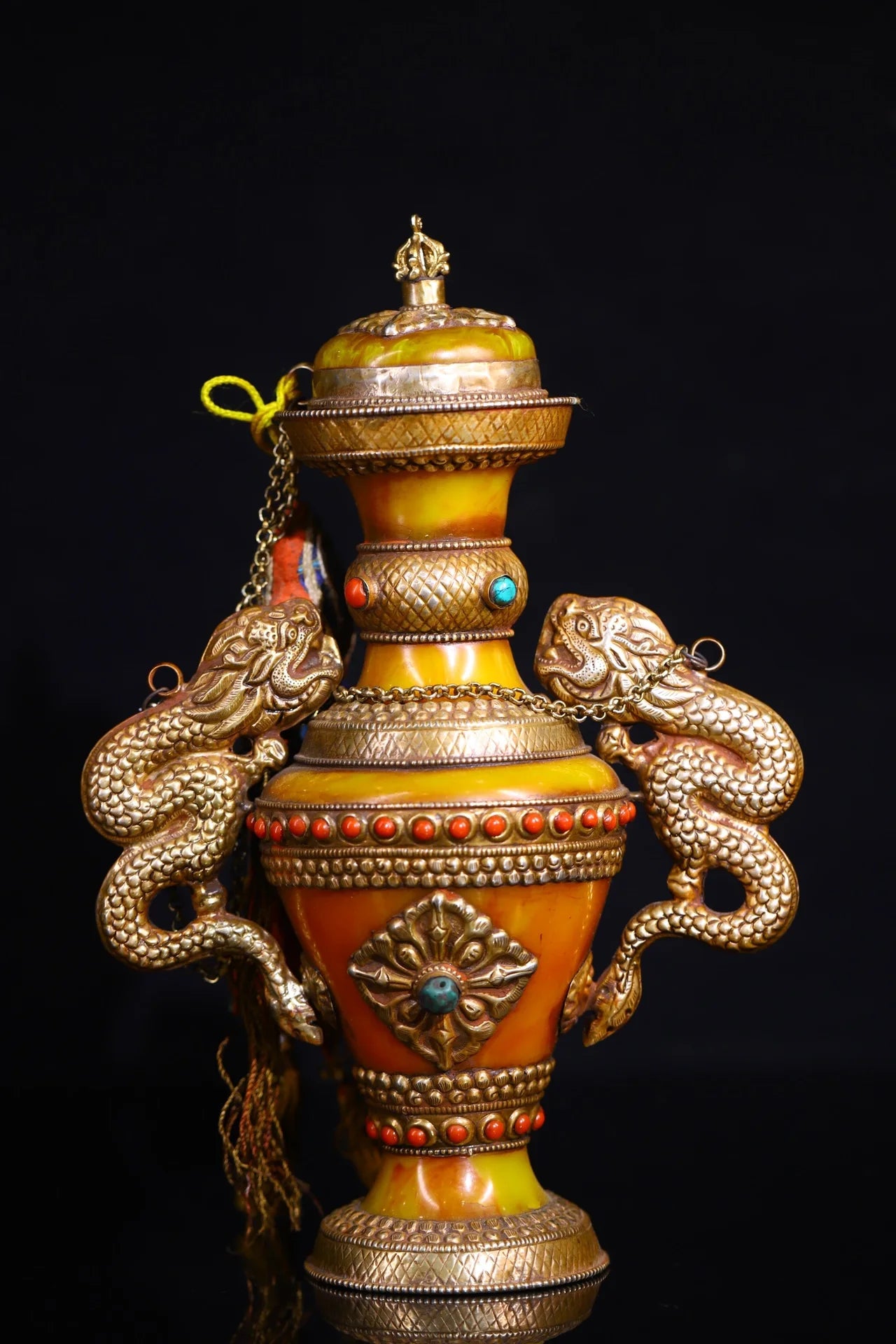 12"Tibetan Temple Collection Old beeswax Tibetan silver mosaic Gem Dragon binaural Treasure pot treasure jar Amulet Dharma