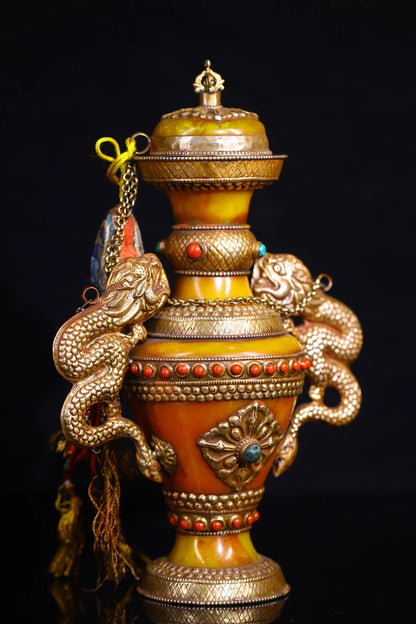 12"Tibetan Temple Collection Old beeswax Tibetan silver mosaic Gem Dragon binaural Treasure pot treasure jar Amulet Dharma