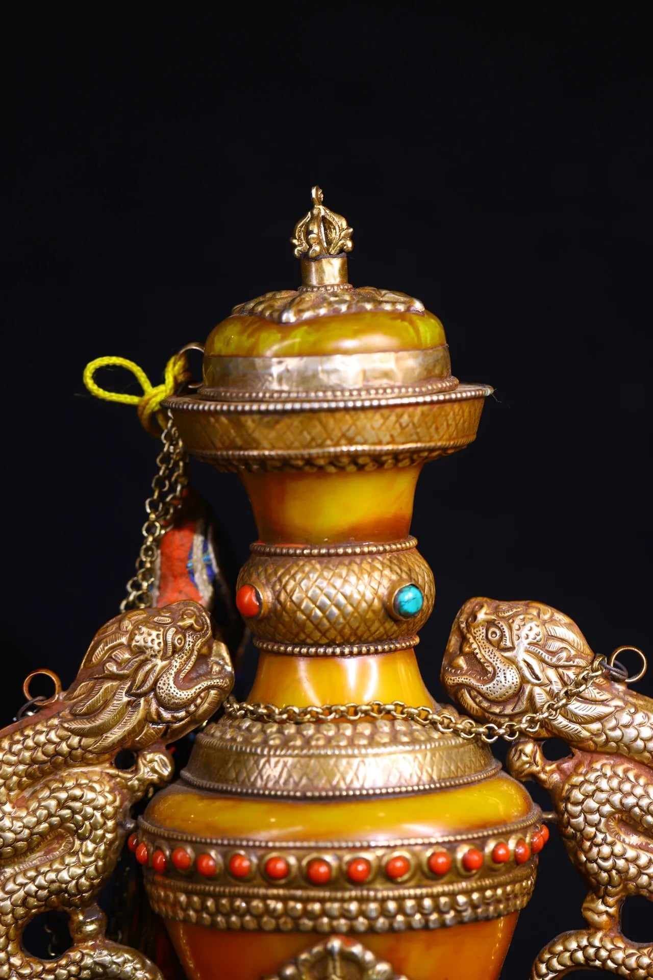12"Tibetan Temple Collection Old beeswax Tibetan silver mosaic Gem Dragon binaural Treasure pot treasure jar Amulet Dharma