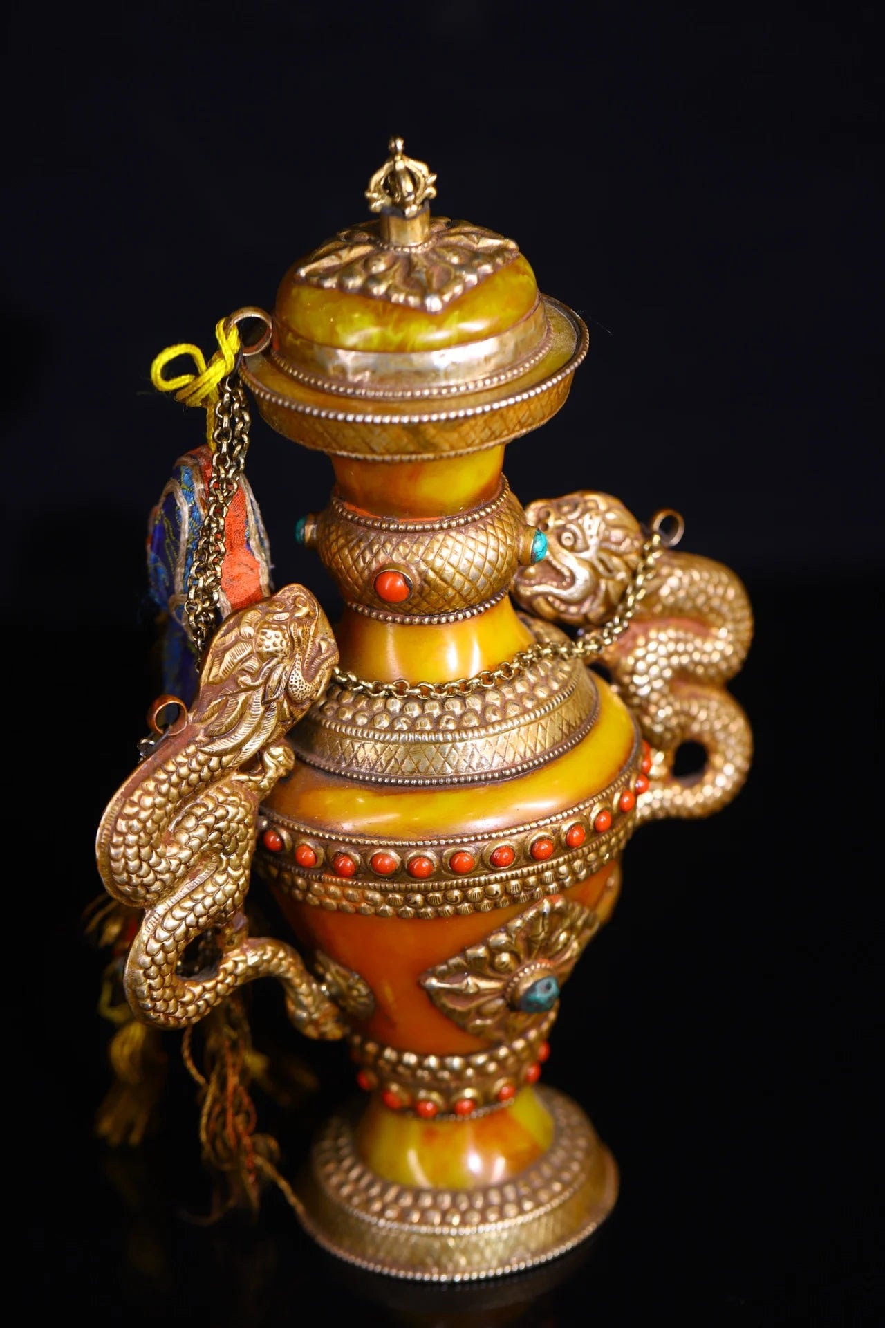 12"Tibetan Temple Collection Old beeswax Tibetan silver mosaic Gem Dragon binaural Treasure pot treasure jar Amulet Dharma