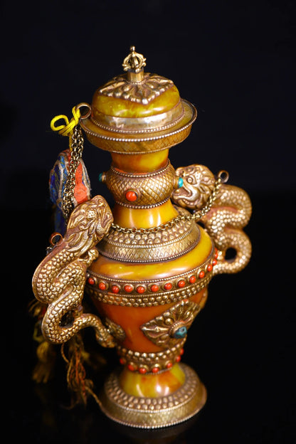 12"Tibetan Temple Collection Old beeswax Tibetan silver mosaic Gem Dragon binaural Treasure pot treasure jar Amulet Dharma