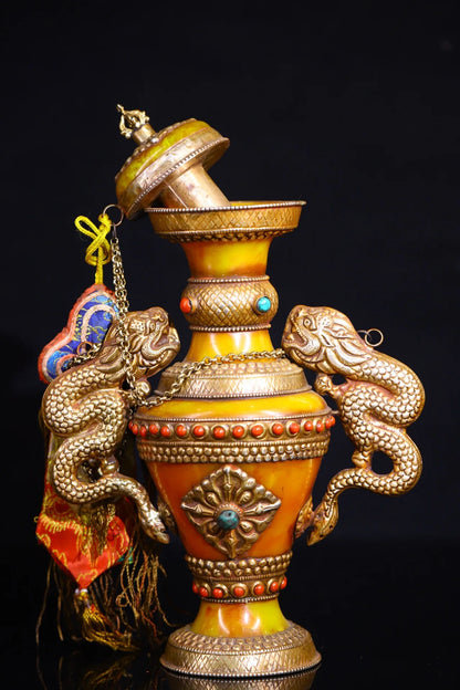 12"Tibetan Temple Collection Old beeswax Tibetan silver mosaic Gem Dragon binaural Treasure pot treasure jar Amulet Dharma