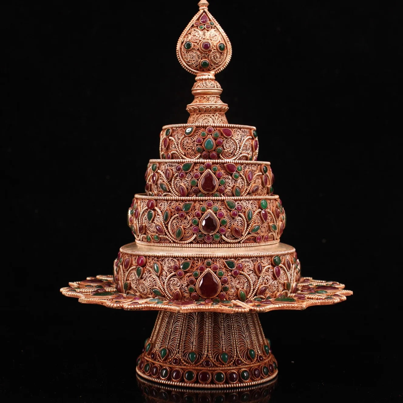 12"Tibetan Temple Collection Tibetan silver filigree Gilt mosaic Gem Manzapan magic weapon worship the pagoda Town house