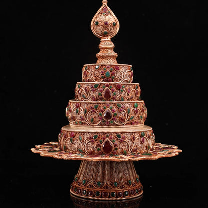 12"Tibetan Temple Collection Tibetan silver filigree Gilt mosaic Gem Manzapan magic weapon worship the pagoda Town house