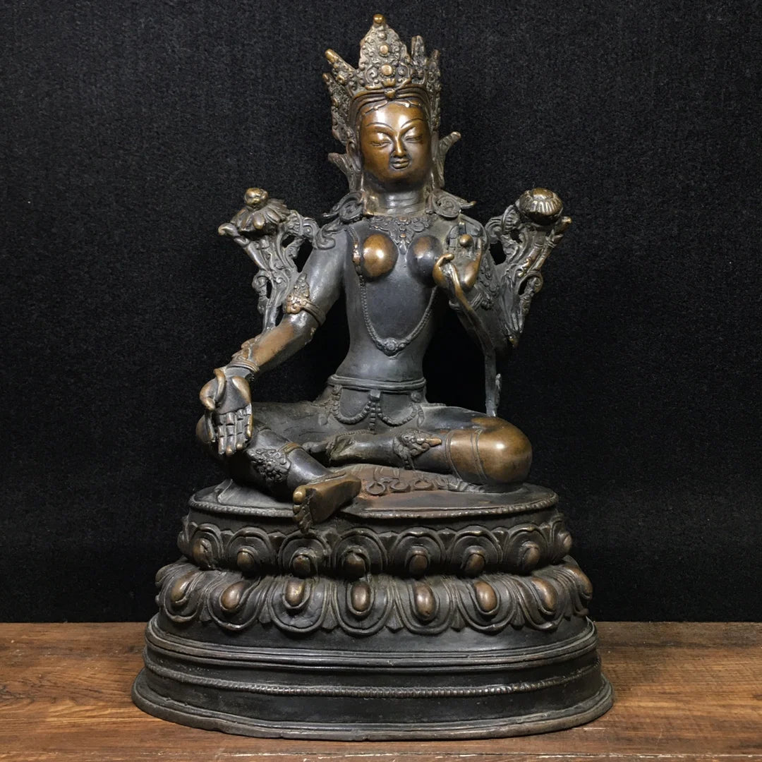 12"Tibetan Temple Old Bronze Cinnabar Mud gold  Green Tara Sitting Buddha Double Lotus Terrace Worship Hall Town house Exorcism