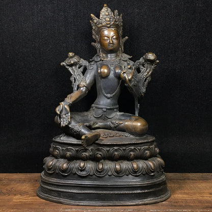 12"Tibetan Temple Old Bronze Cinnabar Mud gold  Green Tara Sitting Buddha Double Lotus Terrace Worship Hall Town house Exorcism