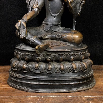 12"Tibetan Temple Old Bronze Cinnabar Mud gold  Green Tara Sitting Buddha Double Lotus Terrace Worship Hall Town house Exorcism