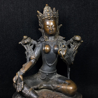 12"Tibetan Temple Old Bronze Cinnabar Mud gold  Green Tara Sitting Buddha Double Lotus Terrace Worship Hall Town house Exorcism