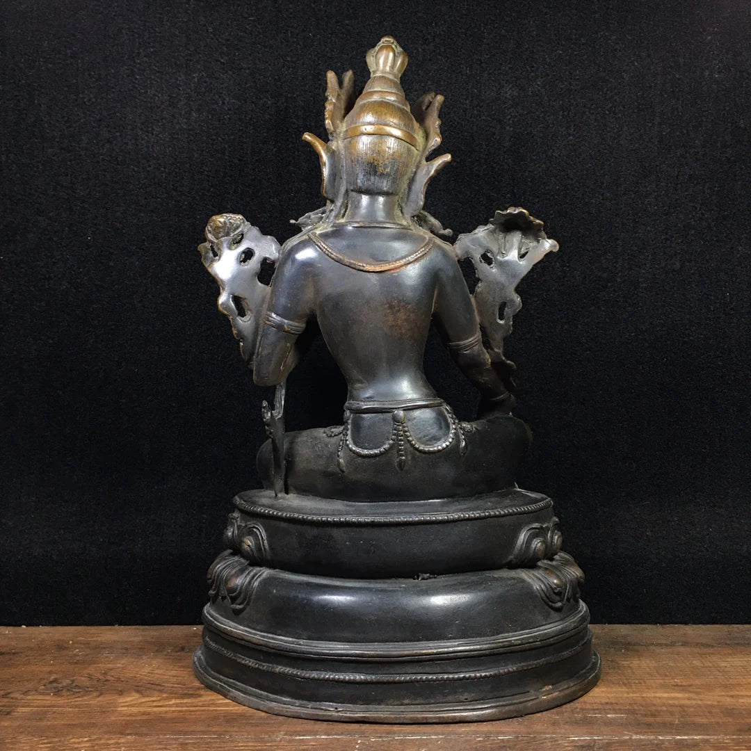 12"Tibetan Temple Old Bronze Cinnabar Mud gold  Green Tara Sitting Buddha Double Lotus Terrace Worship Hall Town house Exorcism