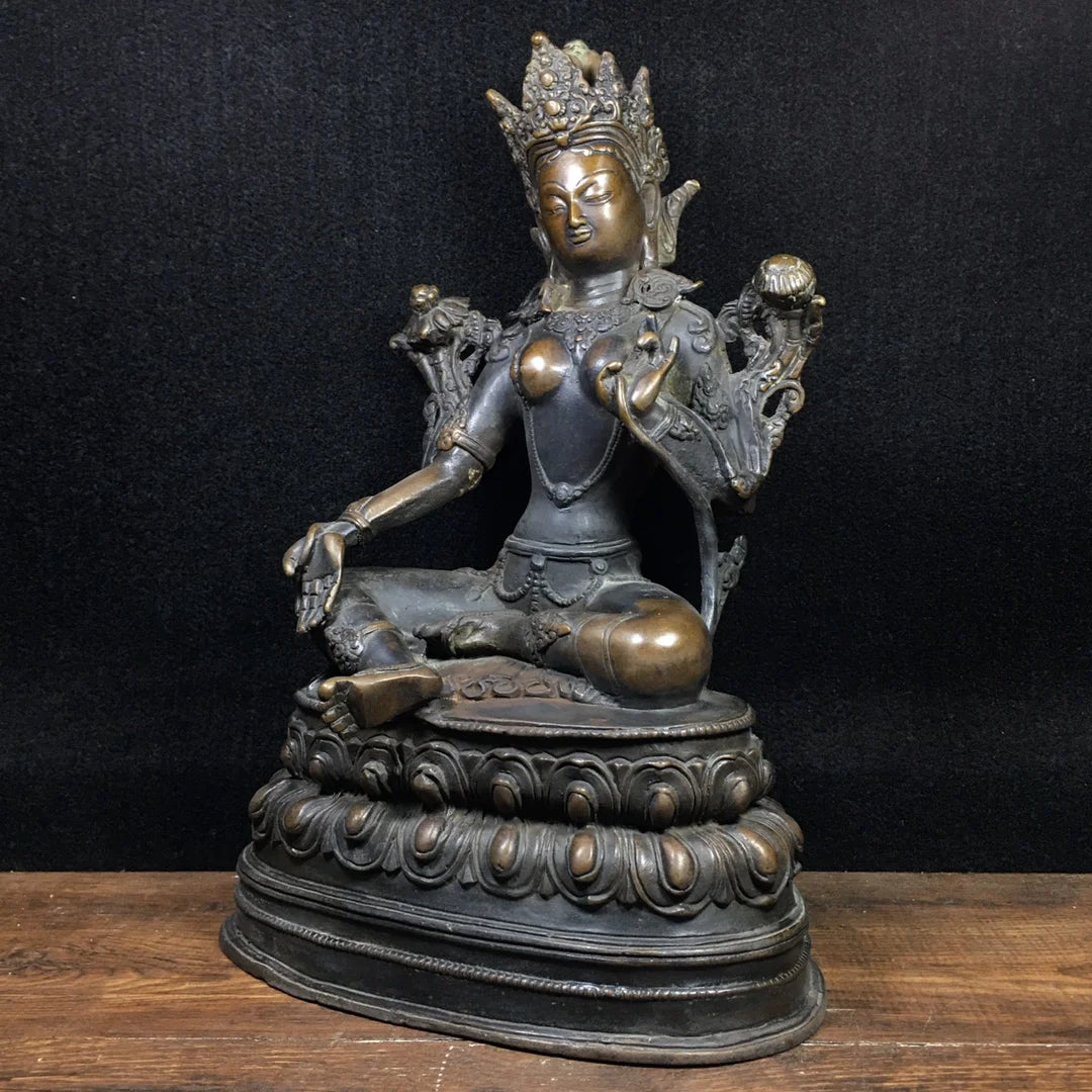 12"Tibetan Temple Old Bronze Cinnabar Mud gold  Green Tara Sitting Buddha Double Lotus Terrace Worship Hall Town house Exorcism