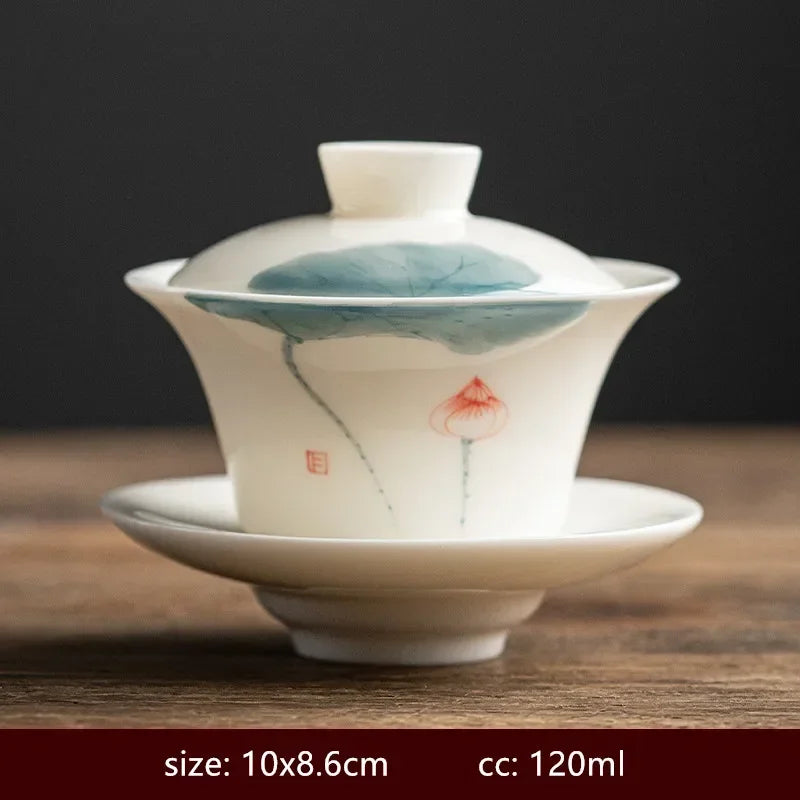 120/140ml Hand-painted Goat Fat Jade White Porcelain Gaiwan Household Ceramic Tea Infuser Traditional with Cover Teacup