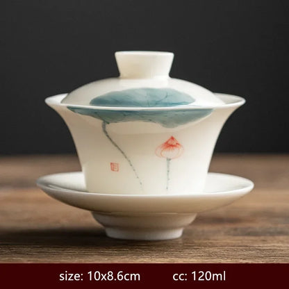 120/140ml Hand-painted Goat Fat Jade White Porcelain Gaiwan Household Ceramic Tea Infuser Traditional with Cover Teacup
