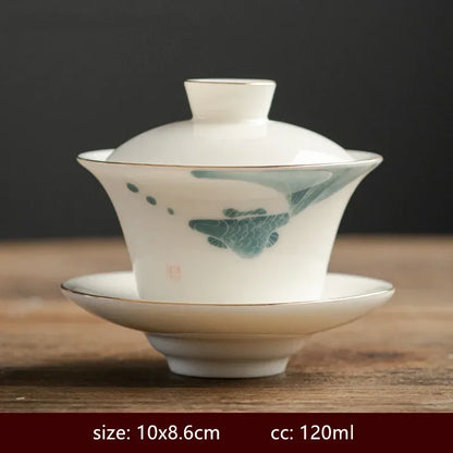 120/140ml Hand-painted Goat Fat Jade White Porcelain Gaiwan Household Ceramic Tea Infuser Traditional with Cover Teacup