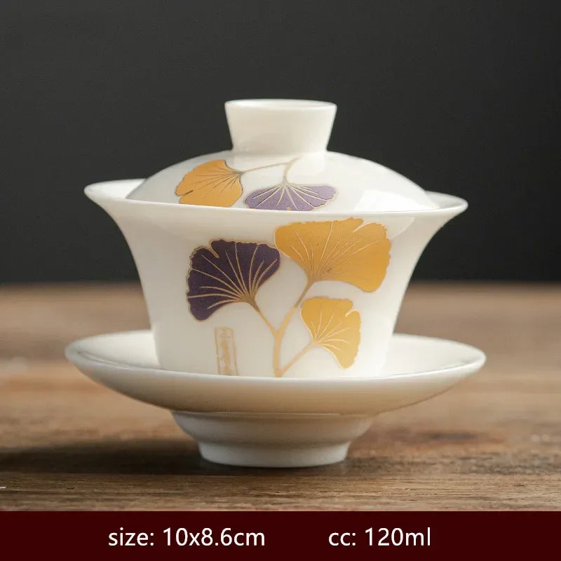 120/140ml Hand-painted Goat Fat Jade White Porcelain Gaiwan Household Ceramic Tea Infuser Traditional with Cover Teacup