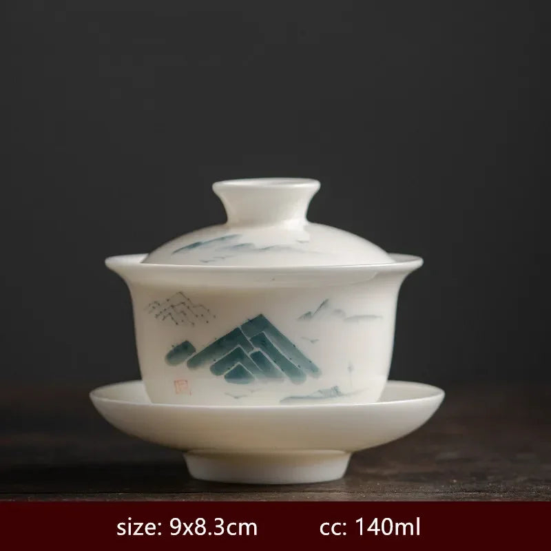 120/140ml Hand-painted Goat Fat Jade White Porcelain Gaiwan Household Ceramic Tea Infuser Traditional with Cover Teacup