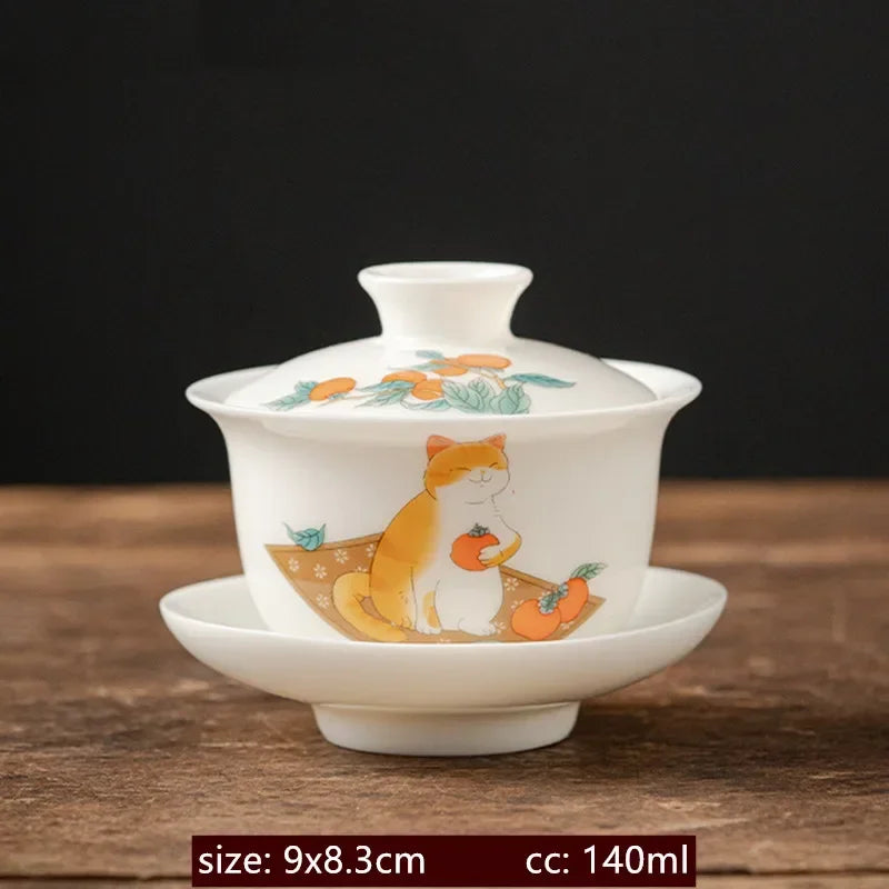 120/140ml Hand-painted Goat Fat Jade White Porcelain Gaiwan Household Ceramic Tea Infuser Traditional with Cover Teacup