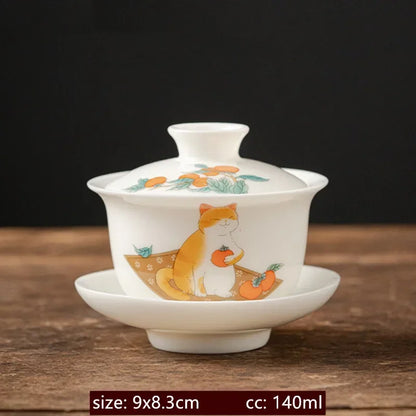 120/140ml Hand-painted Goat Fat Jade White Porcelain Gaiwan Household Ceramic Tea Infuser Traditional with Cover Teacup