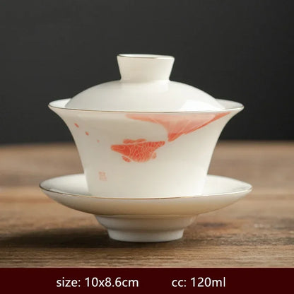 120/140ml Hand-painted Goat Fat Jade White Porcelain Gaiwan Household Ceramic Tea Infuser Traditional with Cover Teacup