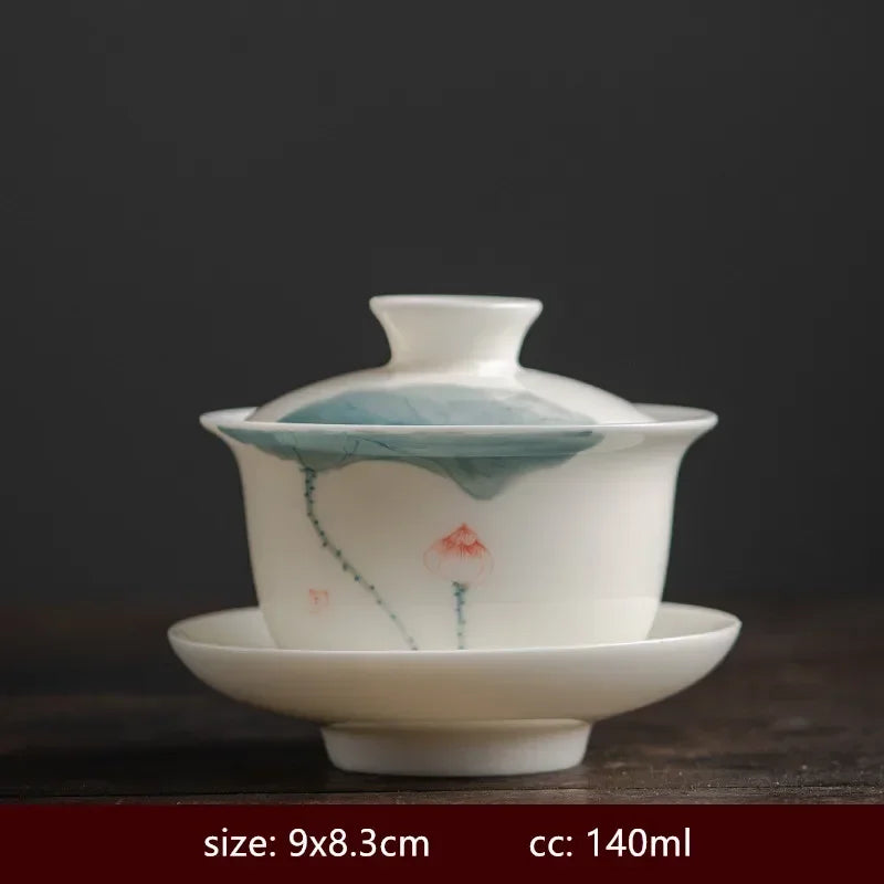 120/140ml Hand-painted Goat Fat Jade White Porcelain Gaiwan Household Ceramic Tea Infuser Traditional with Cover Teacup