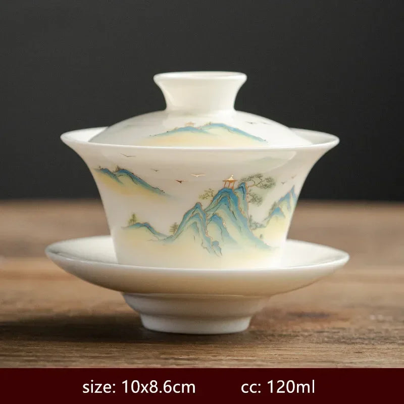 120/140ml Hand-painted Goat Fat Jade White Porcelain Gaiwan Household Ceramic Tea Infuser Traditional with Cover Teacup