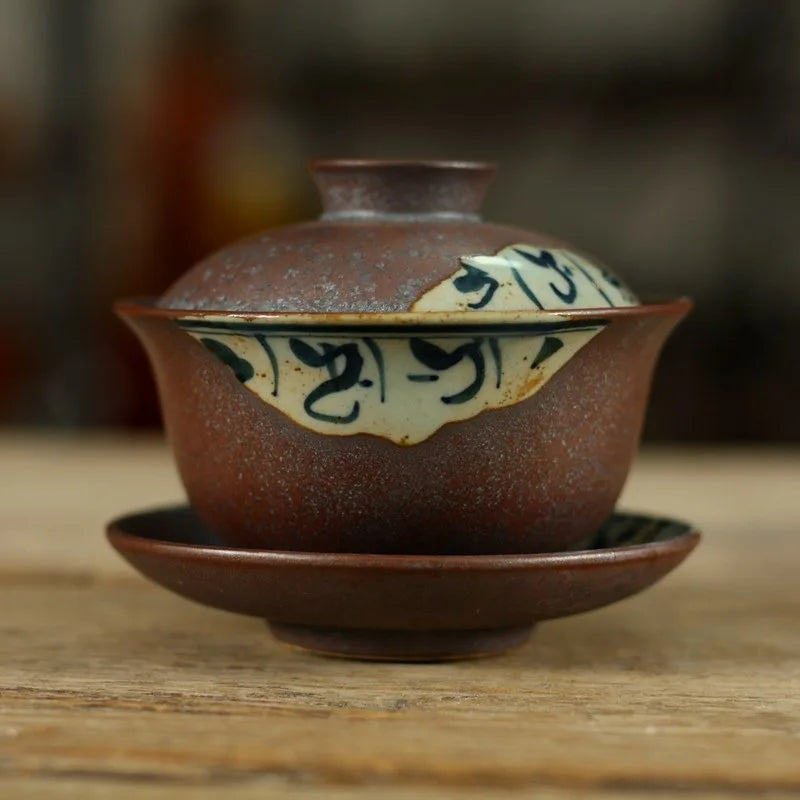 120ml Antique Gaiwan For Tea  Pottery Tureen With Lid Word Teaware Kung Fu Tea Ceremony Set Coffee Cups Bowls Vintage Chawan
