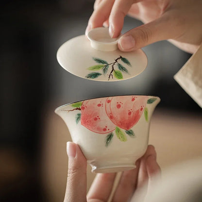 120ml Boutique Hand Painted Gaiwan Pink Peach Tea Tureen Teacup Coarse Ceramic Cover Powder Soaking Bowl Tea Cup Kung Fu Teaset