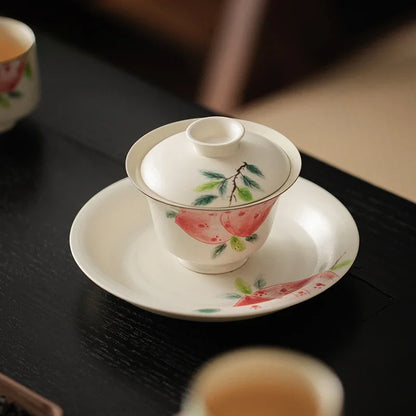 120ml Boutique Hand Painted Gaiwan Pink Peach Tea Tureen Teacup Coarse Ceramic Cover Powder Soaking Bowl Tea Cup Kung Fu Teaset