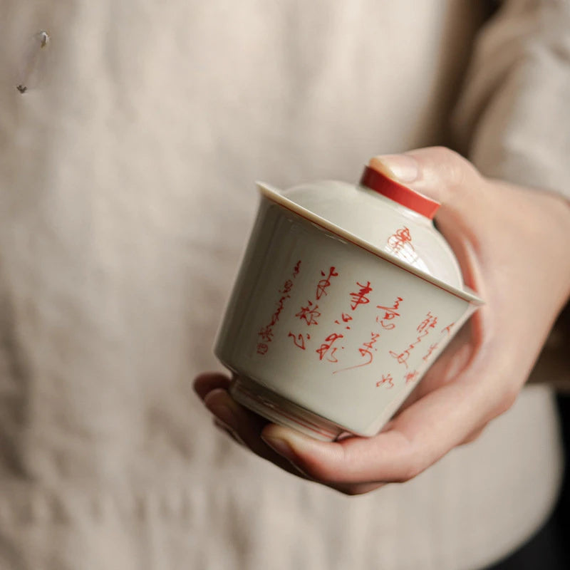 120ml Boutique Underglaze Color Ceramic Tea Tureen Handwritten Poetry Gaiwan Plant Ash Glaze Tea Maker Cover Bowl Kung Fu Teaset