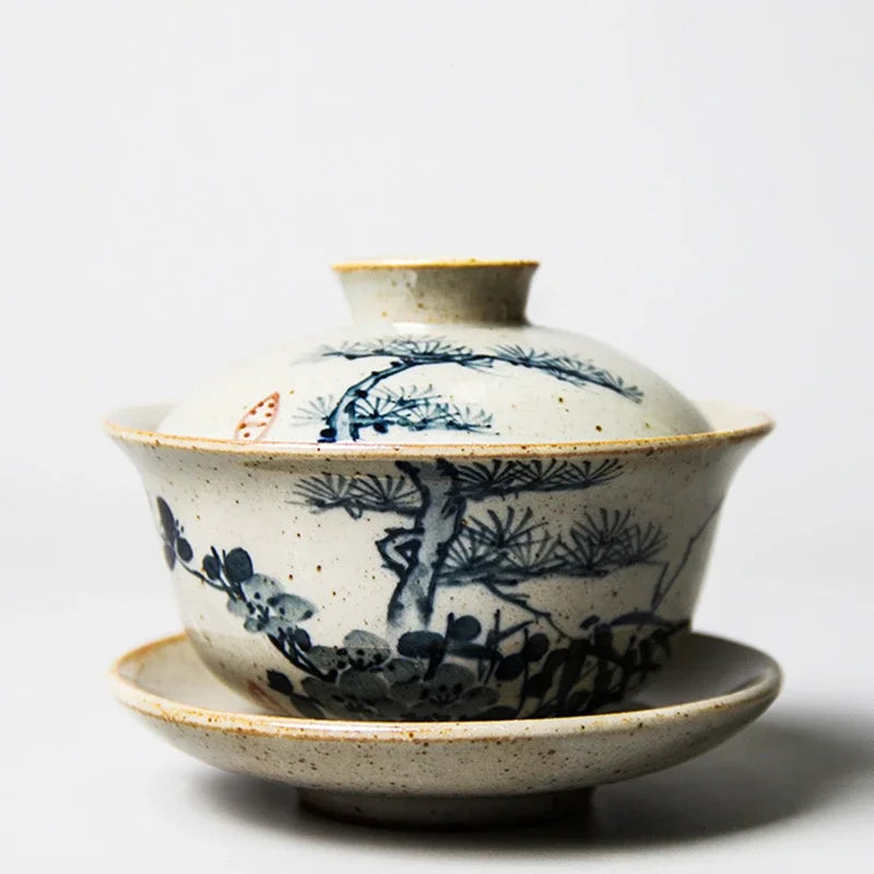 120ml Hand Painted Gaiwan For Tea Plum Pottery Tureen With Lid Teaware Pine Kung Fu Tea Set Chinese Cup Tea Bowls Bamboo Chawan