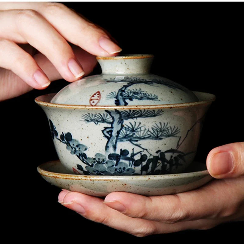 120ml Hand Painted Gaiwan For Tea Plum Pottery Tureen With Lid Teaware Pine Kung Fu Tea Set Chinese Cup Tea Bowls Bamboo Chawan