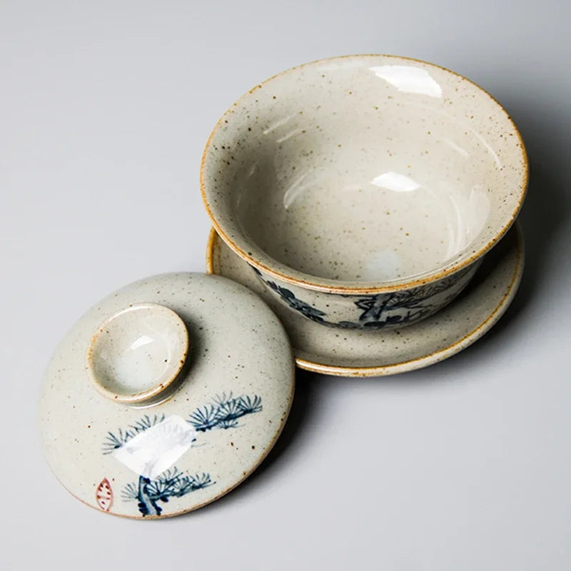 120ml Hand Painted Gaiwan For Tea Plum Pottery Tureen With Lid Teaware Pine Kung Fu Tea Set Chinese Cup Tea Bowls Bamboo Chawan